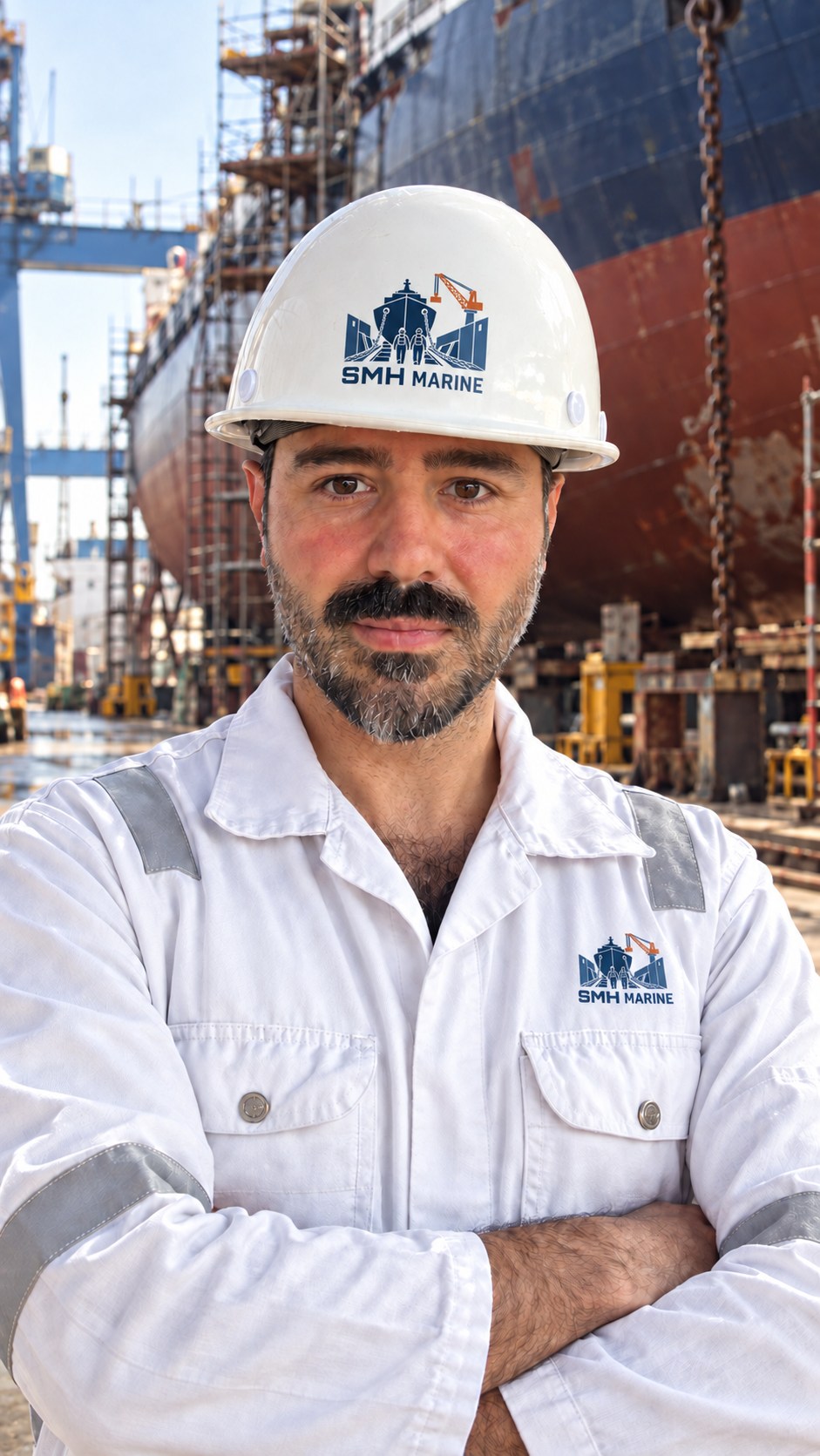 Evrim Biçer at a shipyard wearing SMH Marine safety equipment